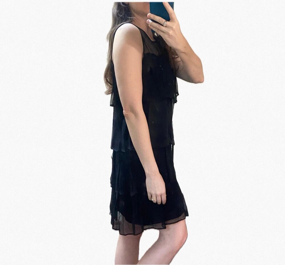Silk Tier Ruffle Shift Dress M Illusion Sweetheart Cocktail Short Above Knee LBD - Picture 8 of 8
